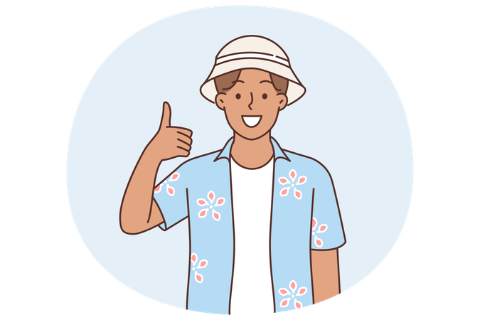 夏用のシャツを着て親指を立ててタイの祭りを呼びかけているアジア人男性  イラスト