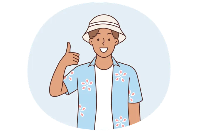 夏用のシャツを着て親指を立ててタイの祭りを呼びかけているアジア人男性  イラスト