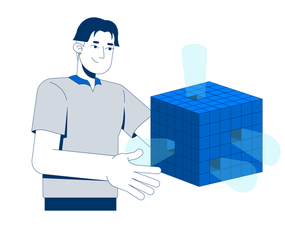 Asian man presenting floating digital data cube  Illustration