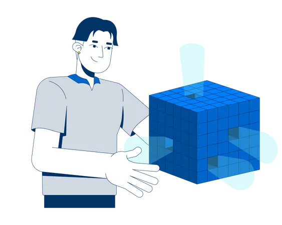 Asian man presenting floating digital data cube  Illustration