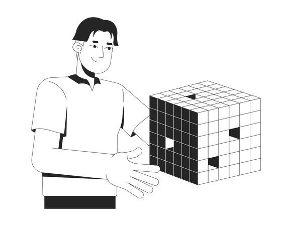Asian man presenting floating digital data cube  Illustration