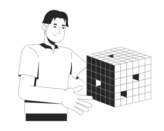 Asian man presenting floating digital data cube  Illustration