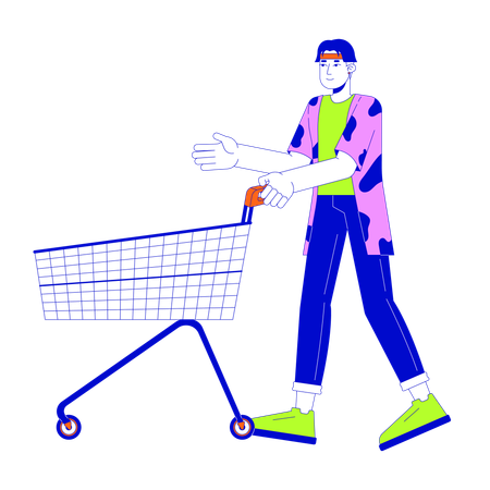 Asian man pushing shopping cart  Illustration