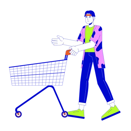 Asian Man Pushing Shopping Cart 2 D Linear Cartoon Character Supermarket Customer With Trolley Isolated Line Vector Person White Background Visiting Store To Buy Products Color Flat Spot Illustration Illustration