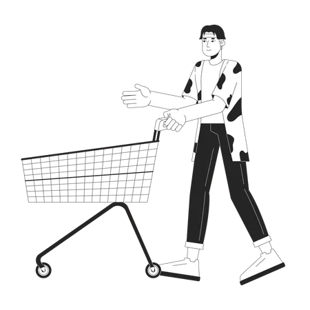 Asian Man Pushing Shopping Cart Black And White 2 D Line Cartoon Character Korean Customer With Trolley Isolated Vector Outline Person Buy Products Monochromatic Flat Spot Illustration Illustration