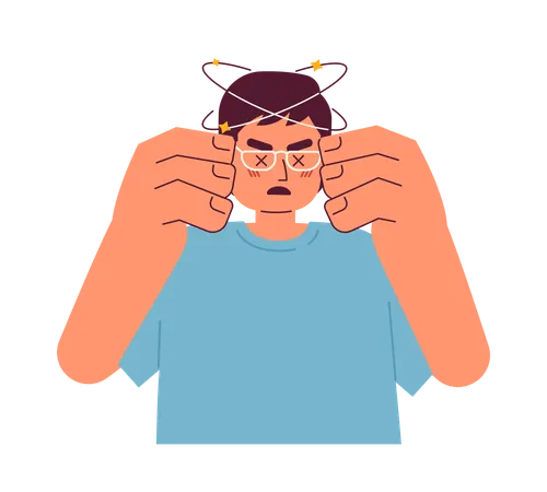 Asian Man With Spinning Head Semi Flat Color Vector Character Headache Dizzy Male Feeling Sick Editable Half Body Person On White Simple Cartoon Spot Illustration For Web Graphic Design Illustration