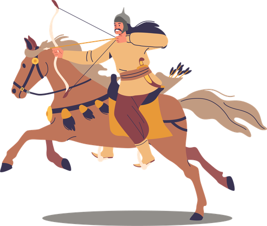 Asian Mongol Lone Archer Riding On Horseback  Illustration