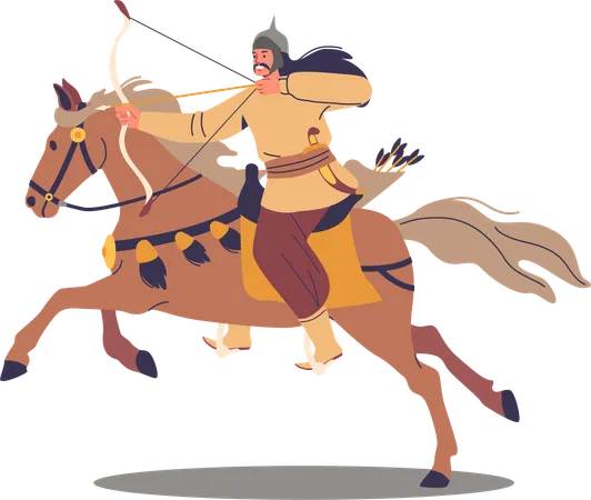 Asian Mongol Lone Archer Riding On Horseback  Illustration