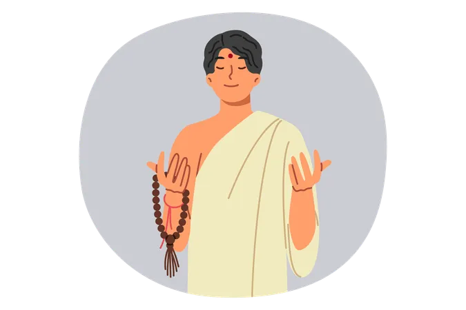 Asian Muslim Man In Traditional Ethnic Clothing Prays And Meditates Holding Rosary In Hands Muslim Guy From Countries Of Pan Asian Region With Dot On Forehead Smiles And Closes Eyes Illustration