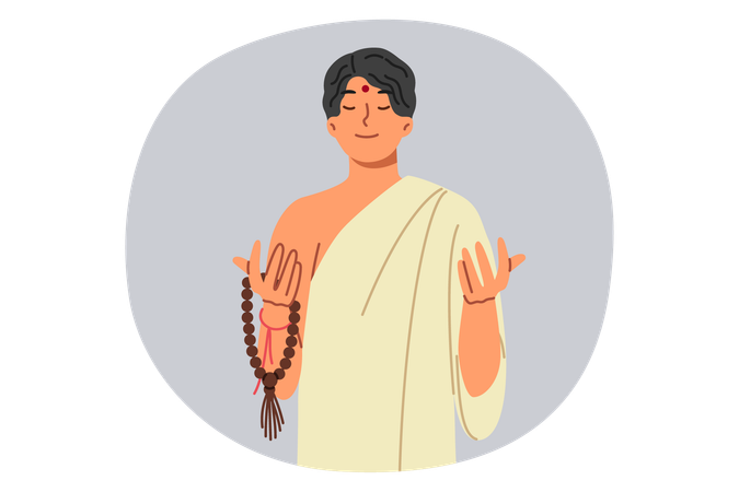 Asian Muslim man in traditional ethnic clothing prays and meditates holding rosary in hands  일러스트레이션