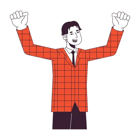 Asian Office Worker With Hands Up Flat Line Color Vector Character Editable Outline Half Body Person On White Man In Plaid Suit Jacket Simple Cartoon Spot Illustration For Web Graphic Design Illustration