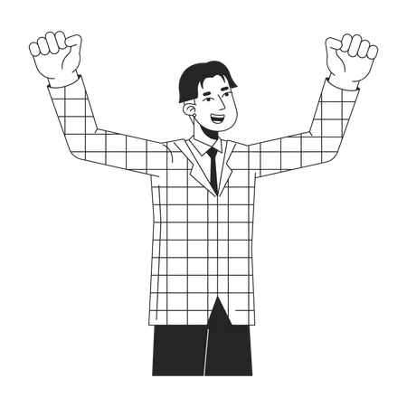 Asian Office Worker With Hands Up Flat Line Black White Vector Character Editable Outline Half Body Person Man In Plaid Suit Jacket Simple Cartoon Isolated Spot Illustration For Web Graphic Design Illustration