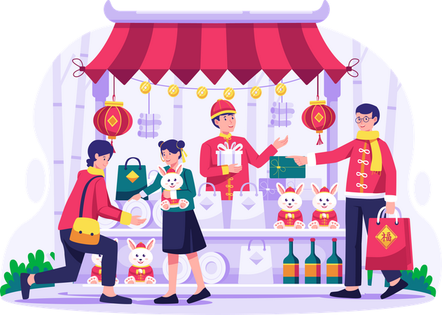 Asian people buy presents and goods from traditional street market Illustration