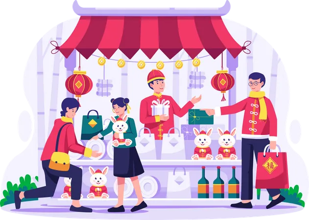 Asian people buy presents and goods from traditional street market  Illustration