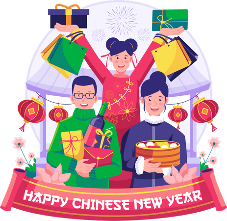 Asian people buy presents to celebrate the new year Illustration