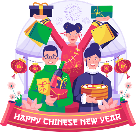 Asian people buy presents to celebrate the new year  Illustration