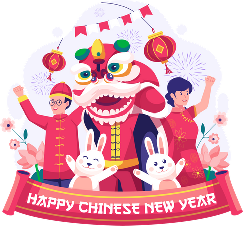 Asian People celebrate the new year with a Lion dance  Illustration