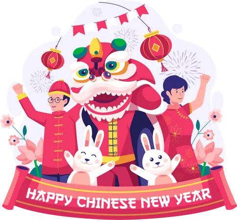 Asian People celebrate the new year with a Lion dance  Illustration