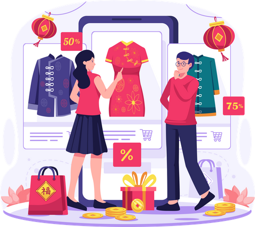 Asian people shopping online through smartphone  Illustration