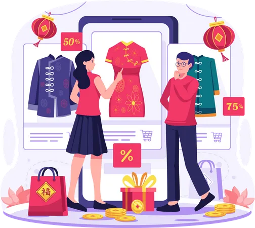 Asian people shopping online through smartphone  Illustration