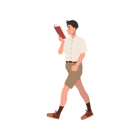 Asian school student boy walking and reading book in uniform  Illustration