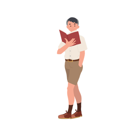 Asian schoolboy student in uniform holding and reading book  Illustration