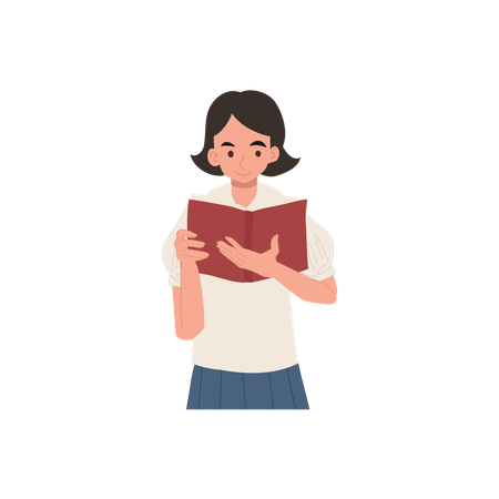 Asian schoolgirl student in uniform reading book  Illustration