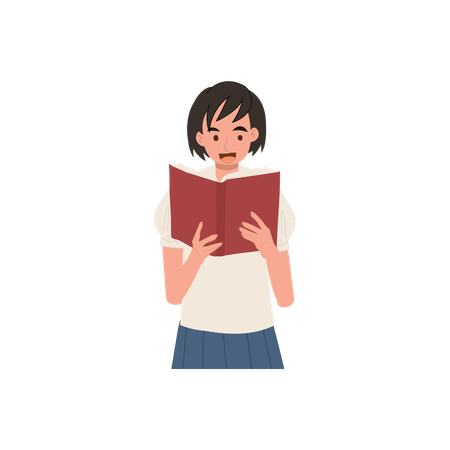 Asian schoolgirl student in uniform reading book  Illustration