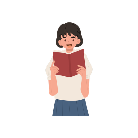 Asian schoolgirl student in uniform reading book  Illustration