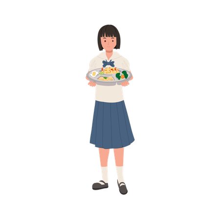 Asian teenage female student in school uniform carrying lunch tray  Illustration