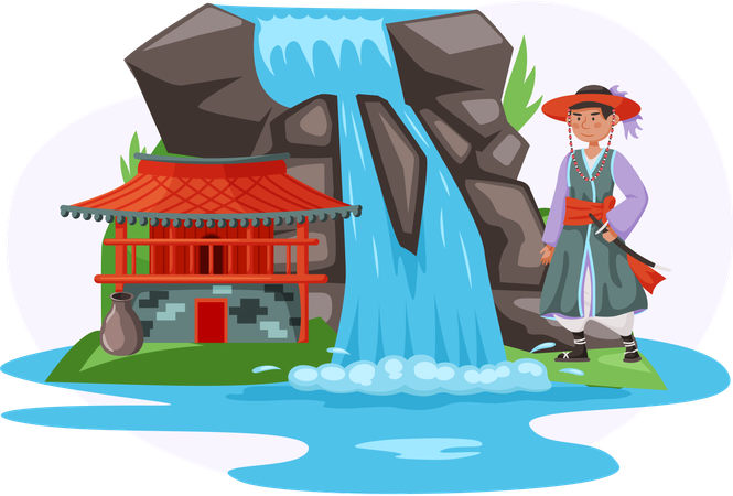 Asian temple in traditional style with man dressed in national clothes standing next to waterfall  Illustration