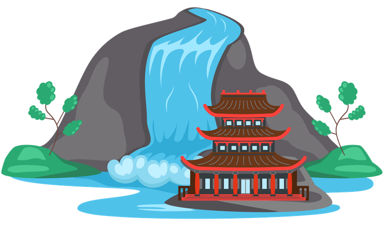 Asian temple with waterfall  Illustration