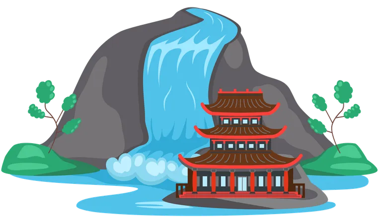 Asian temple with waterfall  Illustration