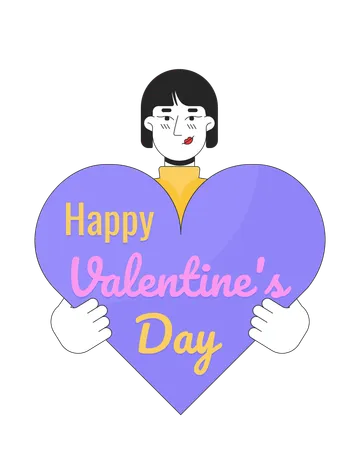 Asian Woman Congratulates On Valentine Day 2 D Linear Illustration Concept Korean Female Cartoon Character Isolated On White 14 February Special Day Metaphor Abstract Flat Vector Outline Graphic Illustration