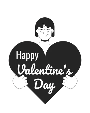 Asian Woman Congratulates On Valentine Day Black And White 2 D Illustration Concept Korean Female Cartoon Outline Character Isolated On White 14 February Special Day Metaphor Monochrome Vector Art Illustration