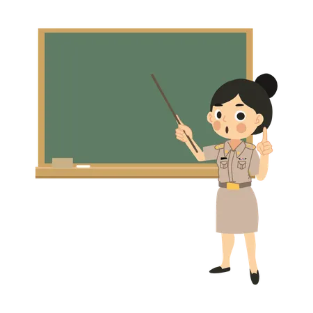 Asian Woman Educator Teaching with Pointer Stick and Chalkboard  Illustration