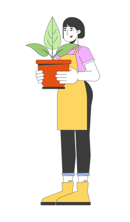 Asian woman holding houseplant  Illustration