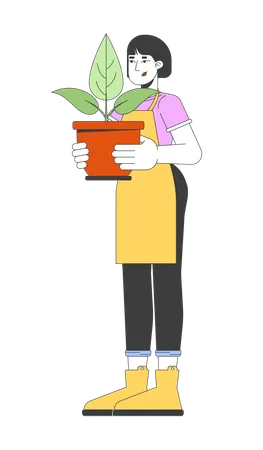 Asian woman holding houseplant  Illustration