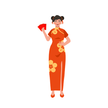 Asian woman holding red envelope  Illustration