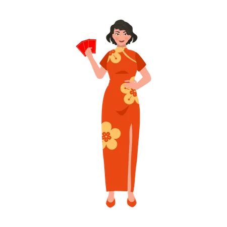 Chinese New Year Celebration Elegant Asian Woman Holding Red Envelope Illustration