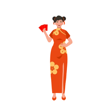 Asian woman holding red envelope  Illustration