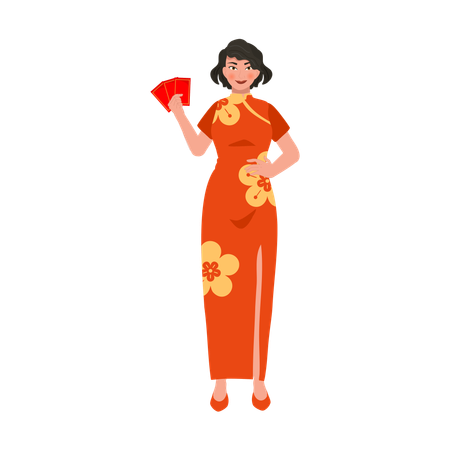 Asian woman holding red envelope  Illustration