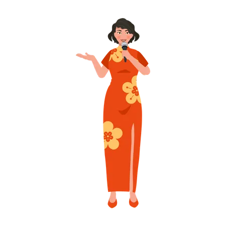 Asian woman in red dress with microphone  イラスト