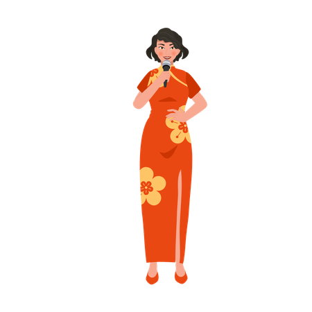 Asian woman in red dress with microphone  イラスト