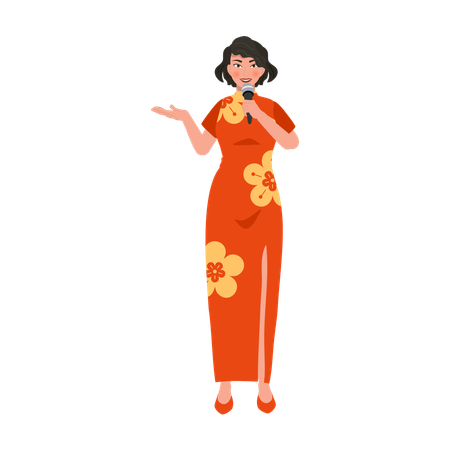 Asian woman in red dress with microphone  Illustration