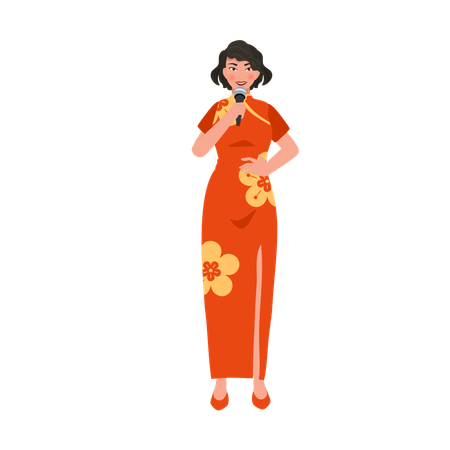 Asian woman in red dress with microphone  Illustration