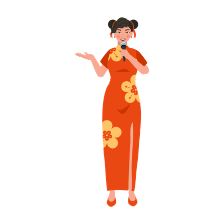 Asian woman in red dress with microphone  Illustration