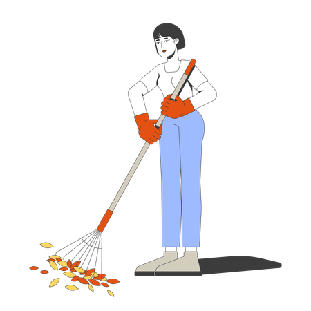 Asian woman raking leaves while wearing gloves  Illustration