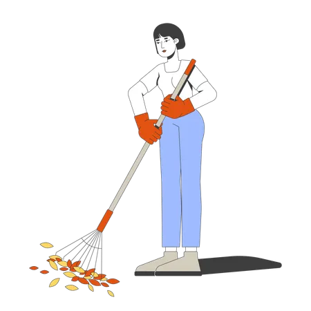 Asian woman raking leaves while wearing gloves  Illustration