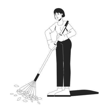 Asian woman raking leaves while wearing gloves  Illustration